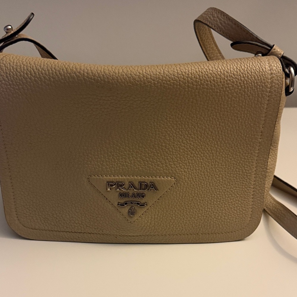 Prada Pebbled Leather Crossbody in Taupe